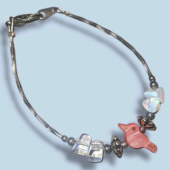 Estate Jewelry - Vintage Liquid Silver Red Mop Carved Bird‎ Bead Bracelet